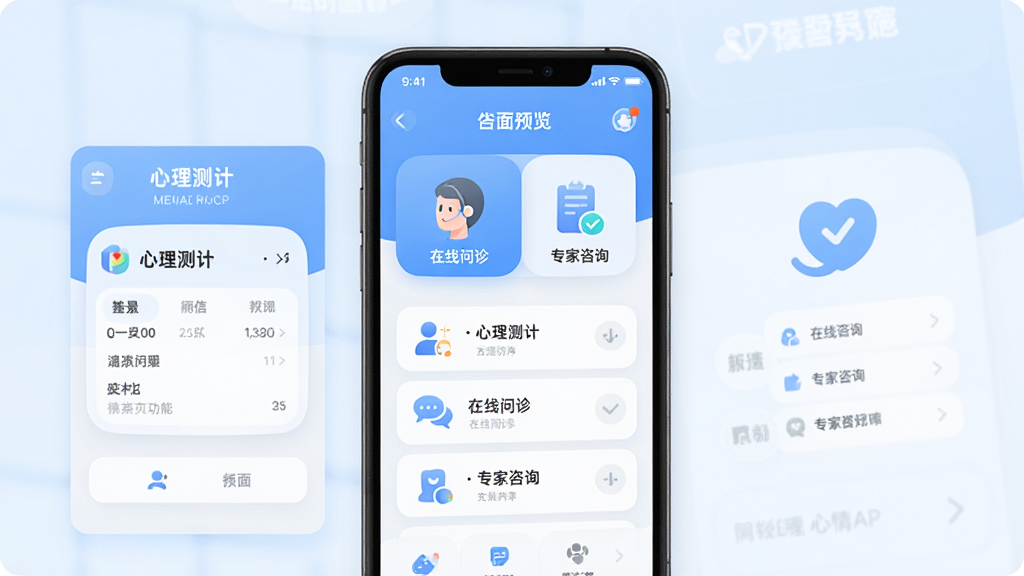 好心情APP界面预览图,展示心理测评、在线问诊、专家咨询等核心功能模块,采用清新蓝色调,界面简洁现代,图标圆润,文字清晰,整体排版规整,画质高清,干净无多余元素