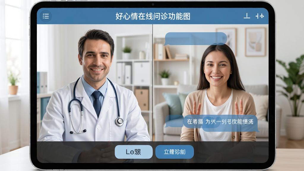 好心情在线问诊功能图,展示医生与患者视频对话界面,医生穿着白大褂,患者在家中,背景干净,界面有对话框和功能按钮,风格写实,画质清晰,无多余元素