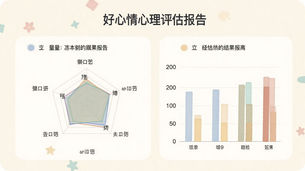 好心情心理评估报告界面,展示量表题目和结果图表,包含雷达图、柱状图,色彩柔和,数据清晰,背景浅色,排版简洁,画质高清,无多余元素