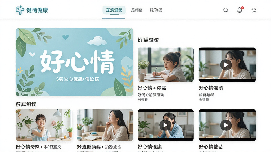 好心情健康科普页面,展示文章列表和视频缩略图,封面有“好心情”字样,风格清新,图文搭配,布局网格化,画质清晰,无多余元素