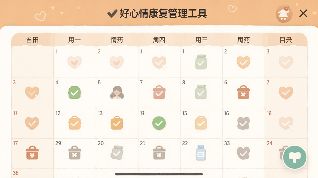 好心情康复管理工具截图,展示情绪日记和用药提醒功能,日历样式,有记录图标和打卡标记,色调温馨,界面友好,画质干净,无多余元素