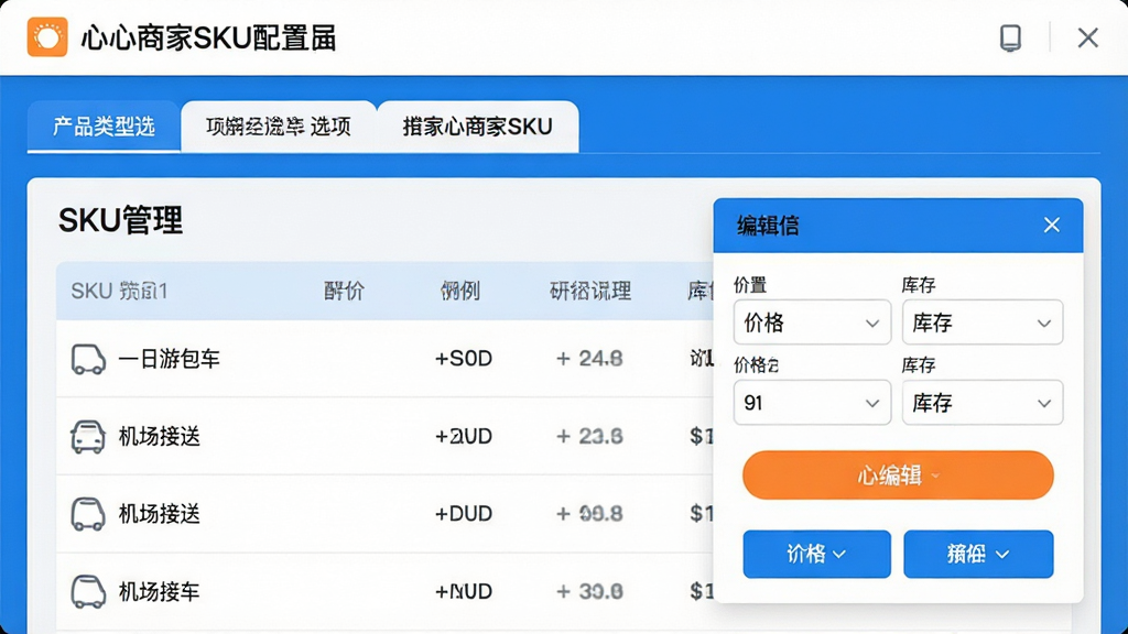 ���壺�����̼�SKU���ý��档���֣��Ϸ�Ϊ��Ʒ����ѡ����·�ΪSKU�б���༭�������Ű棺������ˣ�������ť��Ŀ������ִ���ƽ����������ɫ��ϸ�ڣ�������ʾ��SKU���������⣬�б�������һ���ΰ����������������͡���ʾ�����༭�����ڿ����ü۸����档���ʣ����壬�ɾ��޶���Ԫ�ء�