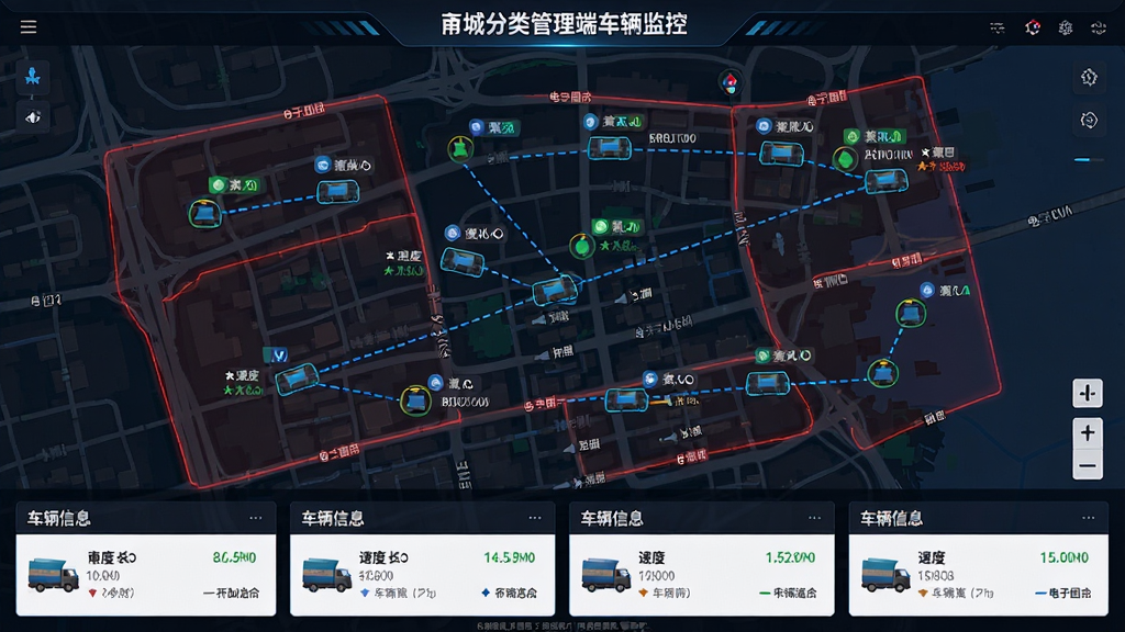 主体:甬城分类管理端车辆监控界面,显示多辆回收车在城区地图上的实时位置。布局:地图全屏展示,车辆图标分散各处,底部为车辆信息卡片列表。排版:地图清晰标注道路与区域边界,车辆图标带有速度与状态标签。风格:现代科技感,深色背景搭配亮色数据,信息一目了然。细节:车辆轨迹线为蓝色虚线,电子围栏区域以半透明红色边框标示。画质:高分辨率,干净专业。