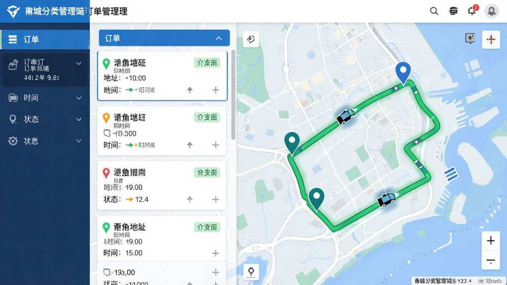 主体:甬城分类管理端订单管理界面截图,显示地图路线和订单列表。布局:界面左侧为订单列表,右侧为地图导航,路线高亮显示。排版:订单卡片清晰展示地址、时间、状态,地图标记点醒目。风格:简洁商务风,蓝白配色,信息层级分明。细节:订单状态用不同颜色区分,地图路线为绿色实线,车辆图标动态移动。画质:高清细腻,无多余元素。