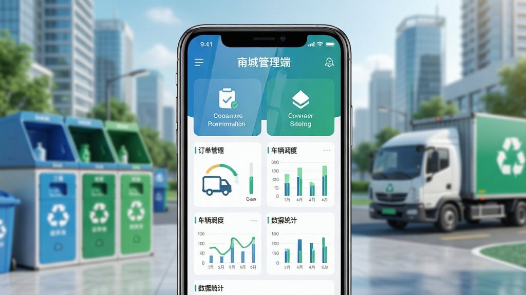 主体:甬城分类管理端APP界面展示,背景为现代城市垃圾分类回收场景,包含智能回收箱和物流车辆。布局:界面居中,前景为手机屏幕特写,展示管理端操作界面,两侧为模糊处理的回收设备与环境。排版:手机屏幕清晰显示功能图标与数据图表,周围留白干净。风格:科技感与环保感融合,色调清新明亮,以蓝绿色为主。细节:界面图标精细,包括订单管理、车辆调度、数据统计等模块,屏幕反光自然。画质:超高清,干净无多余元素。