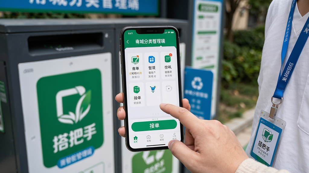 主体:甬城分类管理端在手机上的实际使用场景,用户正操作APP。布局:手机位于画面中央,手指点击屏幕,背景为小区智能回收箱。排版:手机屏幕显示APP主界面,功能图标清晰可见。风格:真实生活感,自然光线,色彩真实。细节:回收箱上印有“搭把手”标志,用户佩戴工作证,界面有“接单”按钮高亮。画质:高清写实,无多余元素。