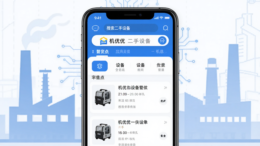 图片展示机优优二手设备APP的整体界面,以智能手机为视觉中心,屏幕上清晰展示“机优优二手设备”品牌标识,页面布局包含顶部搜索栏、中部设备分类导航以及下方设备信息流列表,背景为简洁的工业厂房轮廓,整体风格商务科技感,配色以蓝色和白色为主,画质高清,干净无多余元素。