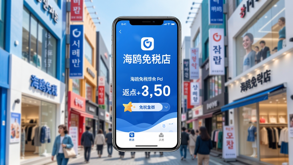 主视觉展示海鸥免税店APP界面,以韩国明洞繁华购物街为背景,画面中央悬浮着手机屏幕,屏幕上清晰显示“海鸥免税店”字样及返点金额数字,整体风格明亮时尚,色彩以蓝白为主,突出免税购物的愉悦感与信赖感,构图饱满,画质清晰,干净无多余元素