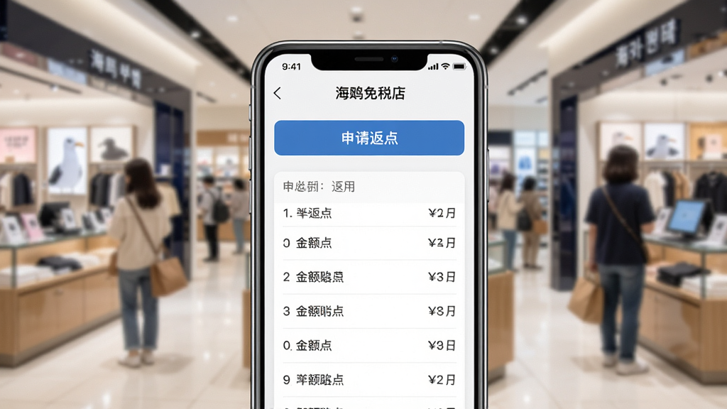 展示海鸥免税店APP内返点申请操作界面,手机屏幕上有清晰的“申请返点”按钮和金额明细列表,背景为韩国免税店购物场景,画面干净整洁,突出自助操作的便捷性,文字清晰显示“海鸥免税店”名称,风格简洁现代,画质高清