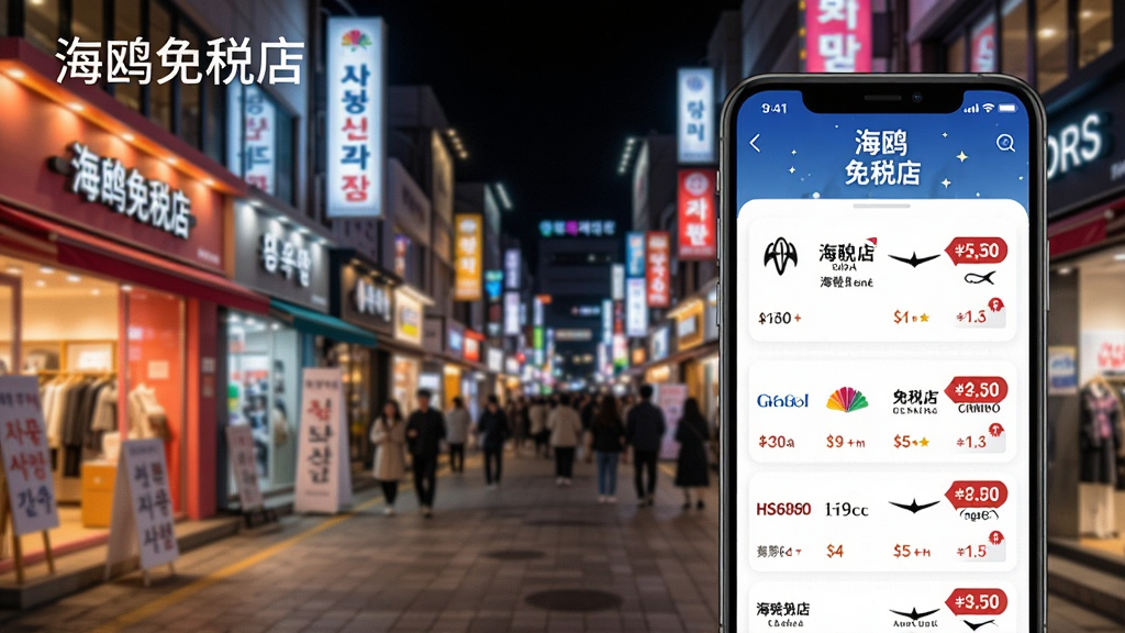 展示海鸥免税店APP内优惠折扣列表页面,屏幕上排列着各大免税店品牌logo和折扣标签,背景为韩国购物街夜景,色彩明亮,突出优惠信息的丰富与更新速度,画面干净,文字显示“海鸥免税店”,风格写实,画质清晰