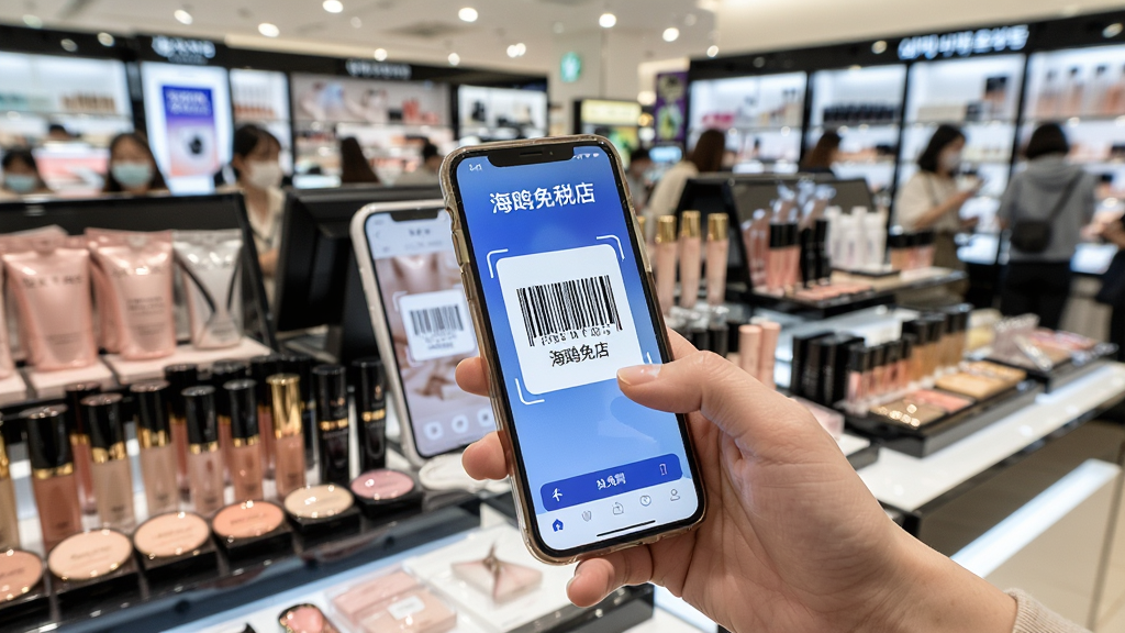 展示用户在韩国免税店使用手机扫描海鸥免税店APP条形码的场景,手机屏幕显示“海鸥免税店”和条形码,背景为免税店化妆品专柜,画面明亮细节丰富,突出便捷购物体验,风格写实自然,画质高清干净