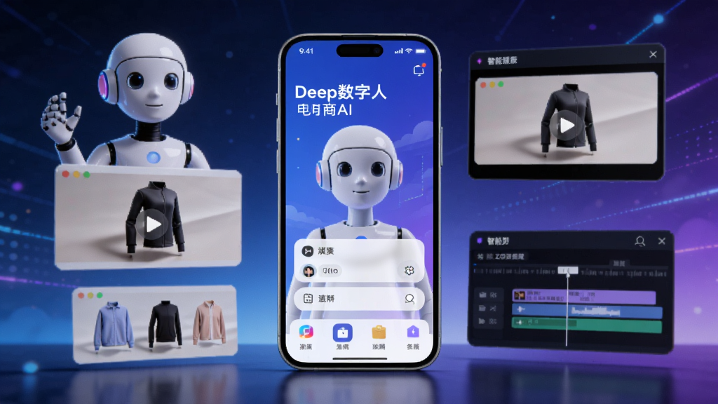 画面中央展示一款名为“Deep数字人电商AI”的手机应用界面,周围环绕着AI数字人形象、商品视频素材、智能剪辑时间线等元素,背景为科技蓝与渐变紫色,风格现代简约,突出AI智能与电商结合的主题,画质高清,干净无多余元素