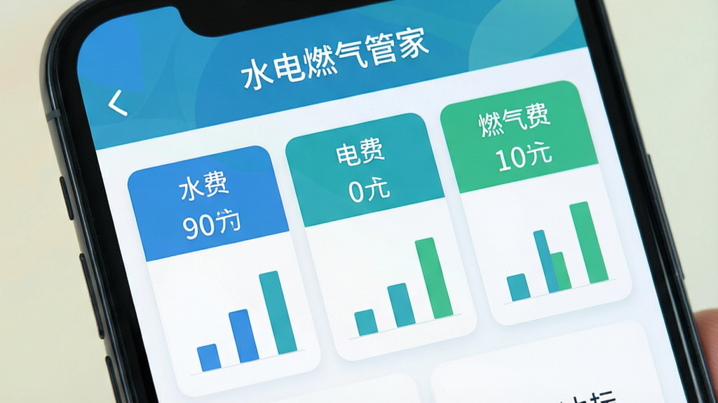 一张手机应用界面特写,应用名称为“水电燃气管家”,界面采用卡片式布局,分别展示水费、电费、燃气费三个模块,每个模块下方有数字和柱状图,整体风格扁平化,色彩以蓝绿为主,背景淡雅,画质清晰,无多余元素