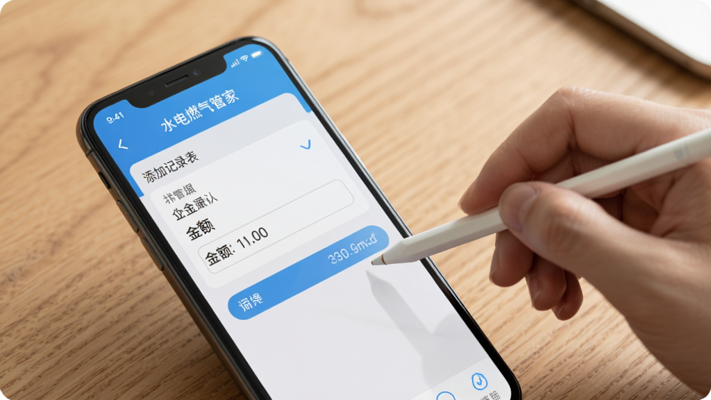 一部手机展示“水电燃气管家”应用的操作流程,屏幕上显示添加记录表单,用户正在输入金额,手写笔在屏幕上点选,桌面背景是木质纹理,光线柔和,突出操作细节,画质干净,无多余元素