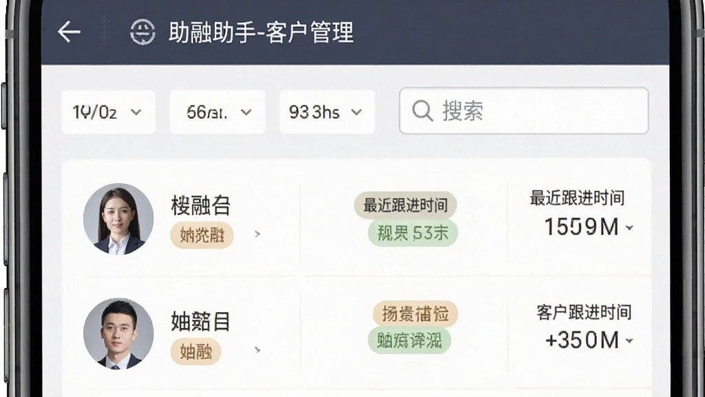 一张助融助手客户管理功能界面截图,主体为手机屏幕中的客户列表页面,布局显示客户头像、姓名、标签、最近跟进时间,排版清晰,风格商务简洁,细节包括筛选条件栏和搜索框,画质清晰,干净无多余元素,图片文字显示