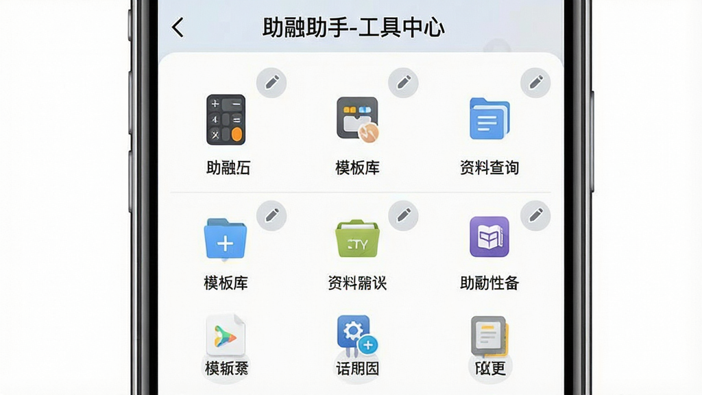 一张助融助手工具集成界面截图,主体为手机屏幕中的工具抽屉页面,布局以九宫格形式展示计算器、模板库、资料查询等图标,排版整齐,风格清新,细节包括每个图标下方的名称标签和右上角编辑按钮,画质清晰,干净无多余元素,图片文字显示