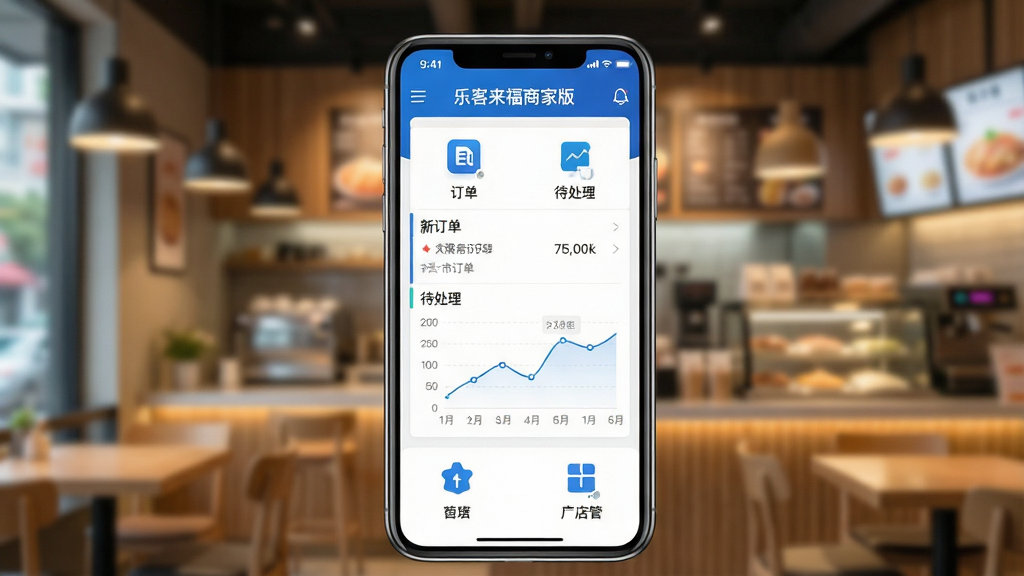 主体:一部亮着屏幕的智能手机,屏幕上清晰显示“乐客来福商家版”应用主界面,界面包含订单列表、数据图表和门店管理图标。布局:手机居中,背景为虚化的现代餐饮店铺环境,暖色调灯光,营造真实经营场景。排版:手机屏幕内容采用简洁的UI设计,功能图标排列整齐,色彩以品牌蓝色和白色为主。风格:写实风格,画面清晰明亮。细节:手机屏幕上的文字“乐客来福商家版”清晰可读,订单列表显示“新订单”“待处理”等字样,数据图表为折线图。画质:高清,干净,无多余元素。