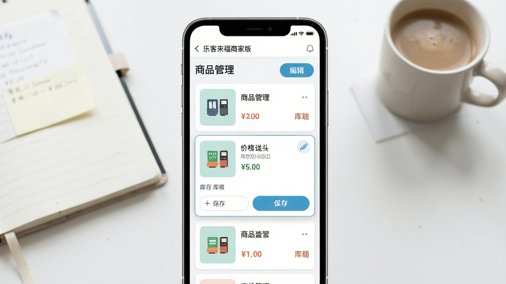 主体:手机屏幕展示“乐客来福商家版”的商品管理后台,页面有商品列表、编辑按钮和库存数量。布局:手机居中,背景为简约的办公桌面,有笔记本和咖啡杯。排版:商品列表以卡片形式排列,每个商品图片、名称、价格和库存清晰可见。风格:扁平化设计风格,色彩清新。细节:屏幕上方显示“商品管理”标题,一个商品处于编辑状态,有“保存”按钮。画质:高清,干净,无多余元素。