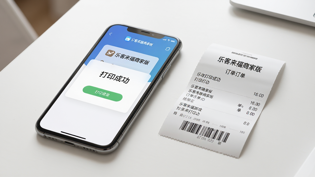 主体:一部手机放在桌面上,屏幕显示“乐客来福商家版”的订单打印成功界面,旁边有一张打印出来的小票。布局:手机和打印小票并排,背景为干净的桌面。排版:手机屏幕上有“打印成功”的提示,小票上显示店铺名称和订单明细。风格:写实风格,光线柔和。细节:小票上的文字清晰可读,手机屏幕上的“乐客来福商家版”标识明显。画质:高清,干净,无多余元素。