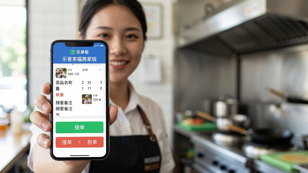 主体:一位餐厅店员手持手机,手机屏幕上显示“乐客来福商家版”的订单提醒界面,有“接单”和“拒单”按钮。布局:店员位于画面左侧,手机屏幕面向镜头,右侧为模糊的厨房背景。排版:手机屏幕上的订单信息包括菜品名称、数量和顾客备注,按钮颜色醒目。风格:写实摄影风格,自然光线。细节:店员面带微笑,手机屏幕上的文字“乐客来福商家版”清晰可见,订单信息完整。画质:高清,干净,无多余元素。