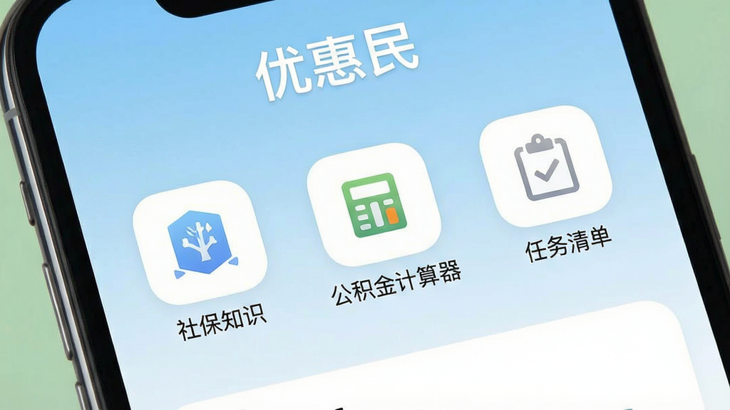 一张展示优惠民App主界面的手机截图,界面整洁清晰,顶部显示“优惠民”字样,下方排列着“社保知识”、“公积金计算器”、“任务清单”等功能图标,背景为淡蓝色渐变,整体风格简约现代,画质高清,干净无多余元素