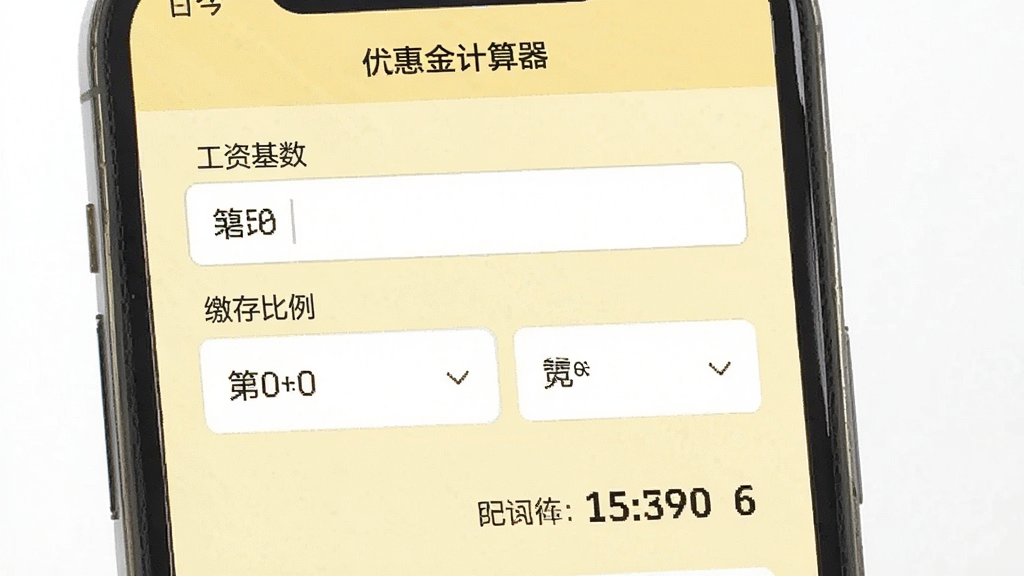 一张展示优惠民App中公积金计算器功能的手机截图,屏幕中央是一个计算表单,包含“工资基数”、“缴存比例”等输入框,下方显示计算结果,背景为浅黄色,画质清晰,风格简洁