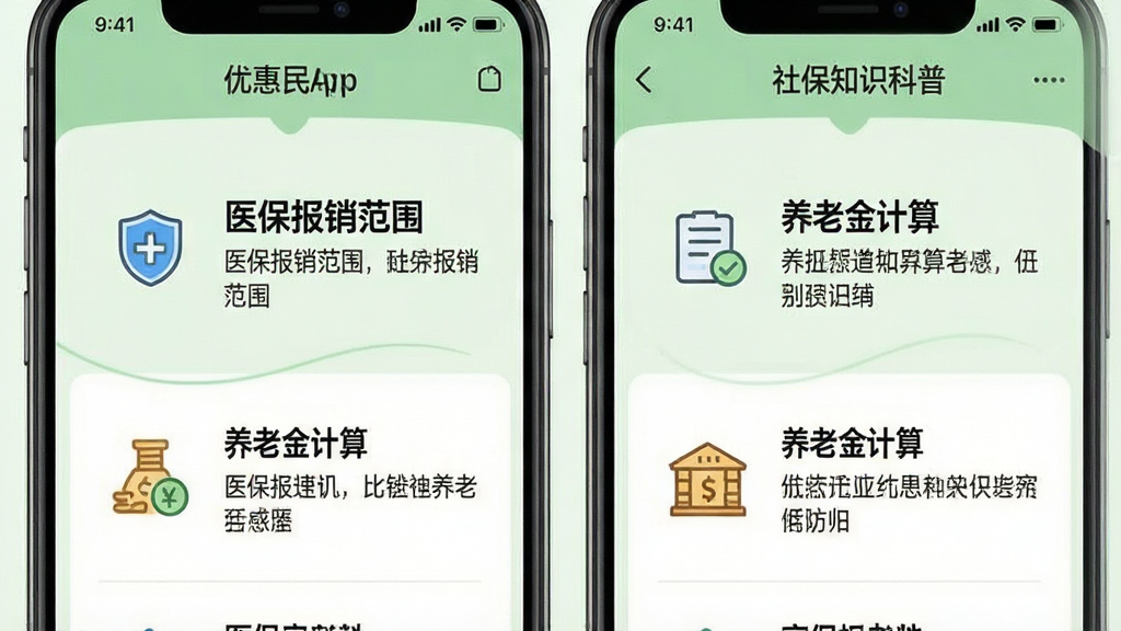 一张展示优惠民App中社保知识科普页面的手机截图,屏幕上显示“医保报销范围”、“养老金计算”等文章标题,配以简洁的图标和文字说明,背景为浅绿色,画质清晰,干净无多余元素