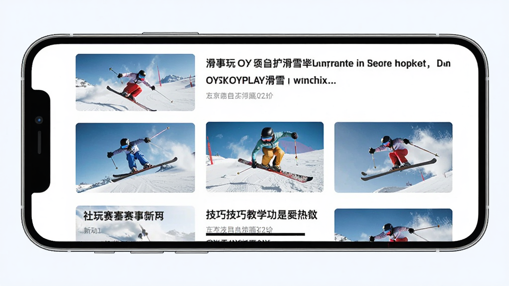 一张展示氧玩OXYPLAY滑雪资讯功能的预览图,主体是手机界面展示滑雪赛事新闻和技巧教学文章列表,配有精彩滑雪动作图片,布局为手机横屏展示,风格清新明亮,细节包括文章标题和封面图,画质清晰干净,无多余元素