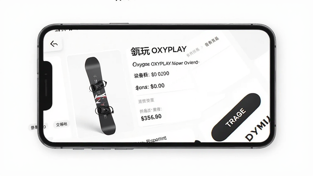 一张展示氧玩OXYPLAY装备交易功能的预览图,主体是手机界面中滑雪装备商品详情页,展示雪板图片和价格信息,布局为商品展示形式,风格商务简洁,细节包括装备参数和交易按钮,画质干净无多余元素