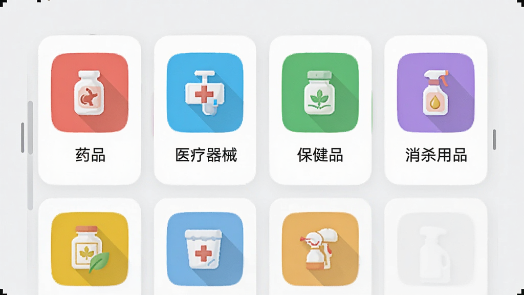 松鼠云采APP的商品分类页面展示,屏幕上排列着“药品”、“医疗器械”、“保健品”、“消杀用品”等彩色分类图标,每个图标下方配有中文名称,背景为干净的浅灰色,界面采用卡片式布局,风格简约现代,画质高清,无多余元素