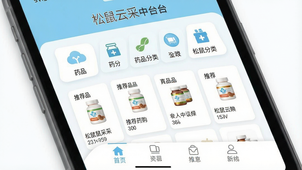 一张展示医药采购平台的手机界面截图,界面顶部显示“松鼠云采”品牌名称,中部为药品分类图标和推荐商品卡片,底部为功能导航栏,整体风格简洁现代,以浅蓝色和白色为主色调,布局清晰,画质高清,干净无多余元素