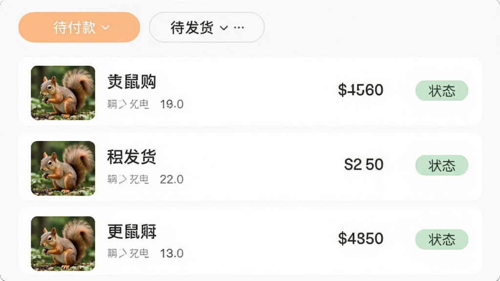松鼠云采APP的采购订单列表界面,屏幕上展示多条订单记录,每条记录包含商品缩略图、名称、数量、金额和状态标签,顶部有“待付款”、“待发货”、“已完成”等筛选按钮,页面以白色和浅橙色为主,布局整齐,画质清晰,无多余元素