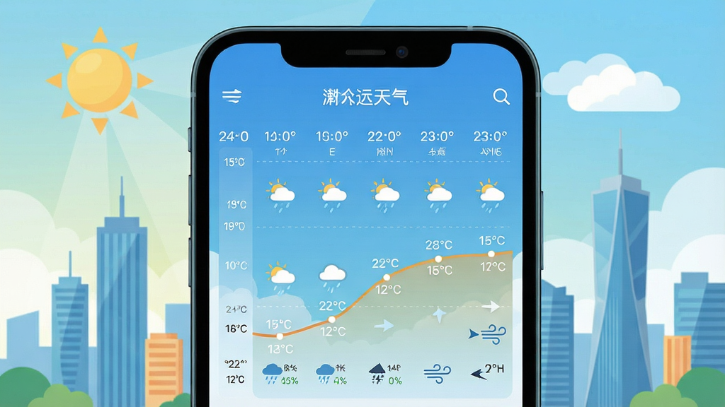 一幅展示澍天气手机应用界面的高清数字插画,主体为智能手机屏幕特写,屏幕内显示未来24小时逐小时天气图标与温度曲线,背景是晴朗与多云交融的现代城市天际线,布局居中构图,采用扁平化设计风格,色彩清新明快,细节包括时间轴、降雨概率百分比、风力风向箭头,画质细腻干净,无多余元素,屏幕上方显示“澍天气”字样