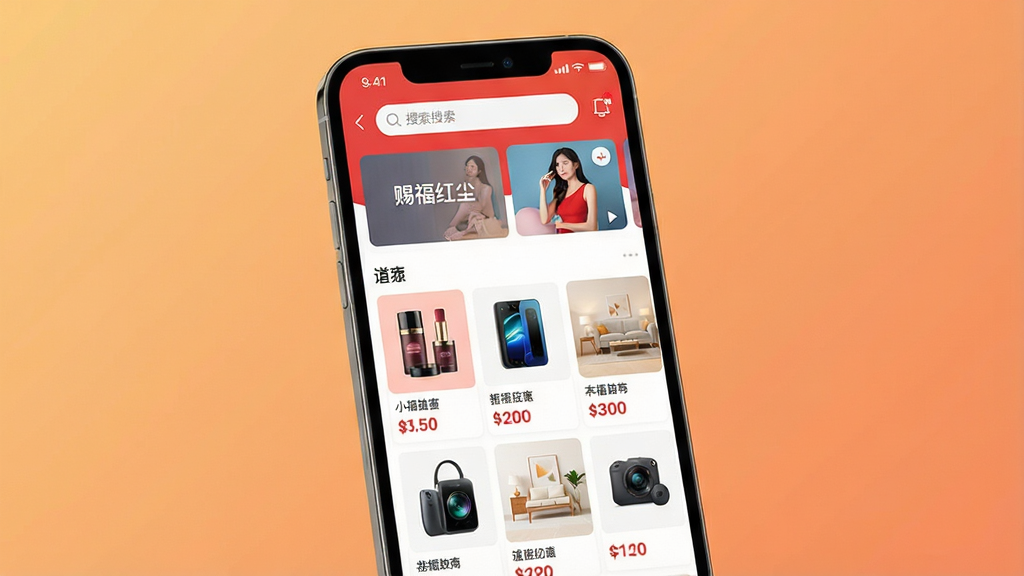 画面主体为一部亮屏的智能手机,屏幕中显示“赐福红尘”APP的购物首页界面,上方有搜索栏和轮播图,下方是商品瀑布流,包含美妆、数码、家居等品类卡片;背景是柔和渐变的暖橙色,突出电商氛围;整体布局采用居中构图,手机微微倾斜,屏幕内容清晰可见;风格现代简约,UI设计扁平化,色彩明亮;细节上,屏幕中商品图片精致,价格标签醒目;画质高清干净,无多余元素。