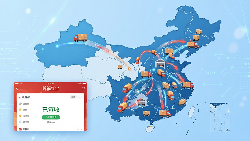 画面主体为一张中国地图,地图上分布着多个快递货车图标,从仓库节点向各省市辐射,线条动态显示包裹流向;左下角嵌入“赐福红尘”APP的订单追踪界面截图,显示“已签收”状态;背景为浅蓝色科技感渐变;布局采用地图居中,界面截图悬浮于左下角;风格简洁明快,细节上物流节点清晰;画质高清,干净无多余元素。