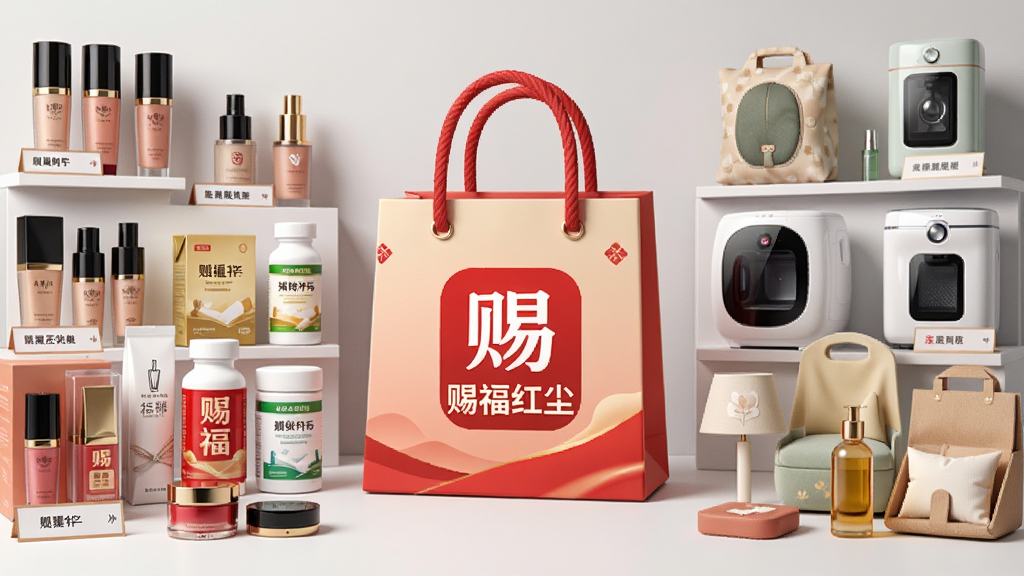画面主体为琳琅满目的商品展示墙,中央摆放着“赐福红尘”APP的虚拟购物袋,袋上印有品牌LOGO;周围环绕着化妆品、药品、小家电、家居用品等商品,摆放错落有致;背景为干净的浅灰色,突出商品色彩;布局采用对称式构图,购物袋居中,商品呈放射状排列;风格为电商海报风,细节丰富,商品标签清晰;画质高清,色彩饱和,干净无杂物。