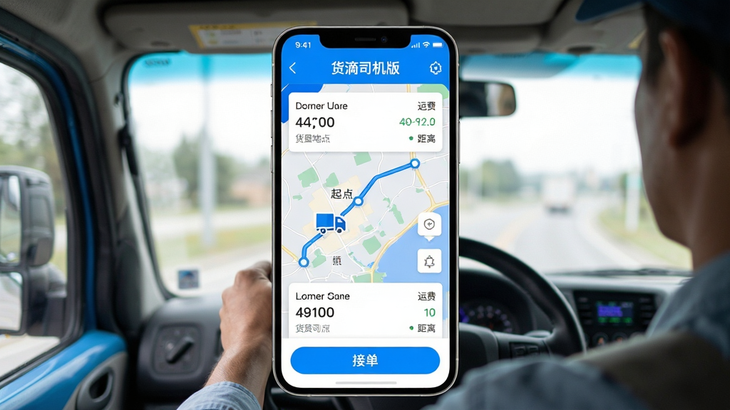 ���壺����˾����APP����չʾ���ֻ���Ļ��ʾ���˶����б��͵�ͼ����������˾�����ڲ鿴��Դ��Ϣ�����֣��ֻ����У���Ļ���������ɼ�����Χ������ס��Ű棺ͻ��APP���棬�Ϸ���ʾ������˾���桱�������·��нӵ���ť������ִ��Ƽ��У�ɫ����������ɫ������ϸ�ڣ���ͼ���л���ͼ���·�ߣ�������Ƭ��ʾ���յ㡢�˷ѡ����롣���ʣ����壬�ɾ����޶���Ԫ�ء�