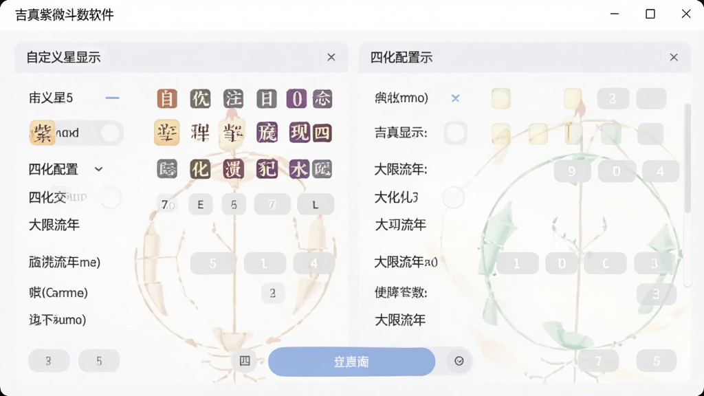 吉真紫微斗数软件设置界面预览图,展示自定义星曜显示、四化配置、大限流年等选项,界面清晰,操作便捷,风格简约现代,色彩柔和,画质高清,干净无多余元素。