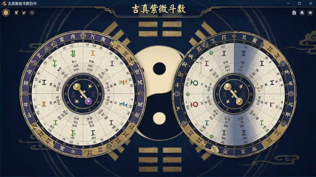 吉真紫微斗数软件主界面预览图,展示精美的紫微斗数命盘排布,星曜宫位清晰可见,背景融入太极八卦元素,整体风格古朴典雅,界面布局简洁明快,色彩以深蓝与金色为主,画质高清,干净无多余元素。
