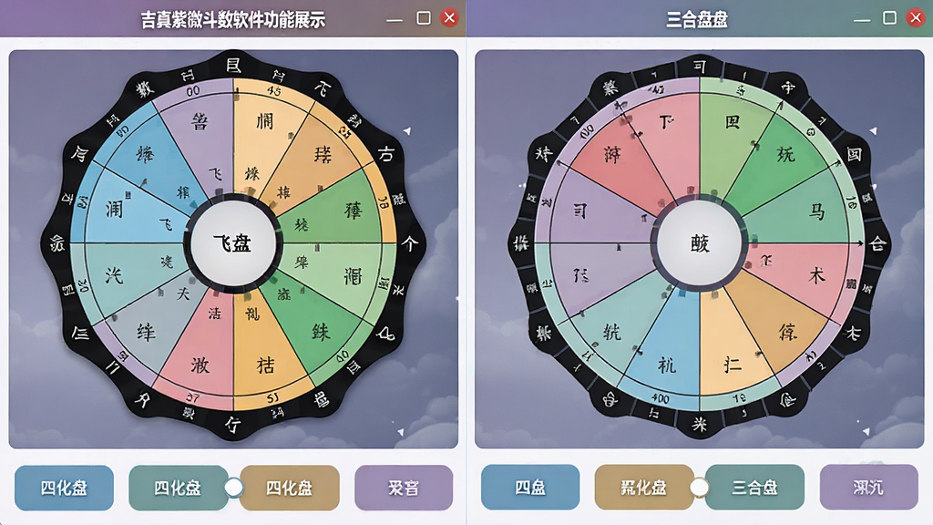 吉真紫微斗数软件功能展示图,左侧为飞星盘界面,右侧为三合盘界面,底部为四化盘切换按钮,界面设计直观,功能分区明确,色彩搭配协调,画质清晰,干净无多余元素。