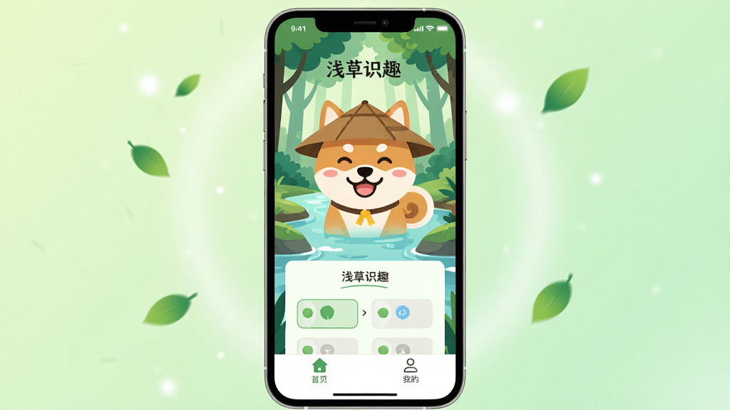 ��������Ϊ��ǳ��ʶȤ��APP�������ֻ�����չʾͼ���ֻ���Ļ�ڳ������µ�ɭ��Ϫ���羰������������һֻ������ɫ���ҵĿɰ���Ȯ��ͨ���󣬲�Ȯ����΢Ц������ײ����С���ҳ���͡��ҵġ���������ͼ�꣬��Ļ���·���ʾһ���ʴ�ѡ�������ʽ���������ֻ����У�����Ϊ��͵�ǳ��ɫ���䣬���ܵ�׺��Ʈ�����Ҷ�͵����Ĺ��Ρ�������Ϊ��ƽ���廭�磬ɫ������������ϸ�ڷḻ�����ʸ���ɾ����޶���Ԫ�ء�
