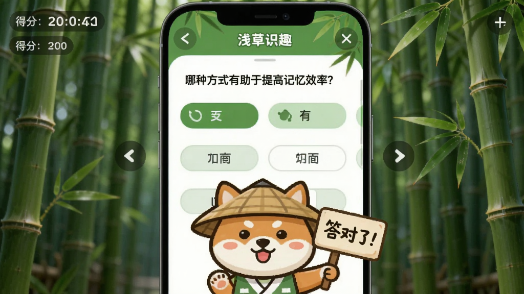��������Ϊ��ǳ��ʶȤ��APP�Ĵ�����棬��Ļ������ʾһ��ѡ���⣬��ĿΪ�����ַ�ʽ��������߼���Ч�ʣ������·����ĸ�ѡ���Ļ������ģ�������֣����Ͻ��е���ʱ�͵÷֡������·���һ�������ҵĲ�Ȯ��ͨ����������һ��С���ӣ�������д�š�����ˣ������������������Ϊ��ͨ�廭�����ʵ������ɫ������ɫΪ����ϸ�ڰ�����Ҷ�������Ͳ�Ȯ�Ŀɰ����飬���ʸ��壬�޶���Ԫ�ء�
