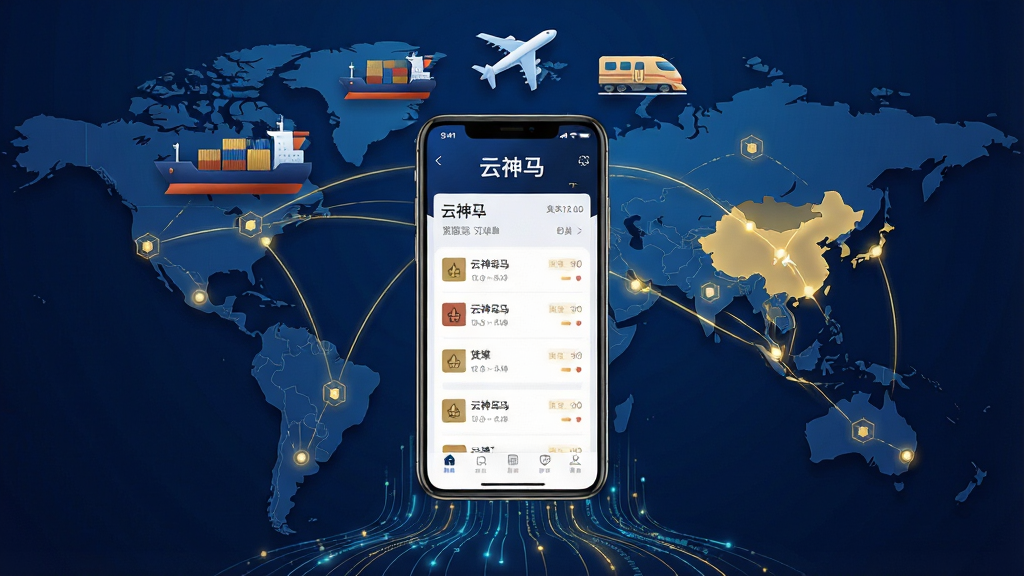 主体:云神马App界面与全球物流网络融合的科技感场景,中心位置显示手机应用界面,背景为世界地图与区块链节点连线。布局:手机屏幕居中,上方漂浮集装箱货轮、飞机、火车图标,下方为数据流动线条。排版:左右对称,层次分明。风格:现代科技风,深蓝与金色主调,简洁明亮。细节:屏幕内显示“云神马”字样与货运订单列表,地图上高亮显示中国到中东、非洲的航线。画质:4K高清,干净,无多余元素