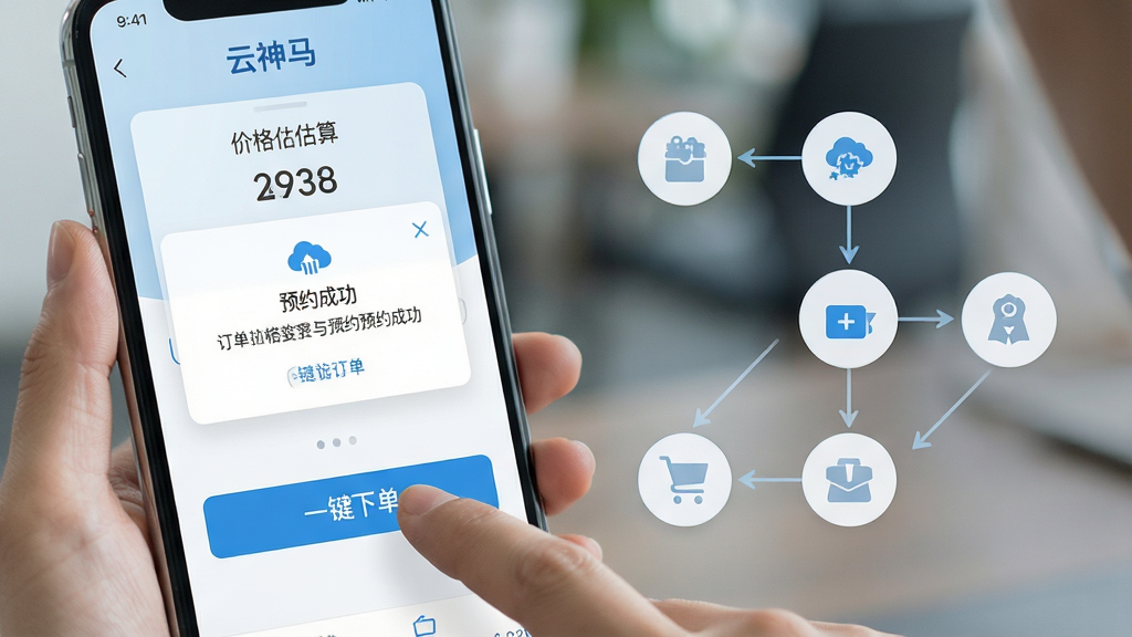 主体:用户手指点击手机屏幕上的“一键下单”按钮,屏幕显示价格估算与预约成功界面。布局:手机特写占据画面左侧,右侧为图标化步骤流程。排版:简洁明快,突出操作便捷。风格:清爽商务风,浅蓝与白色基调。细节:屏幕上有“云神马”logo与订单确认弹窗,背景虚化处理。画质:高清细腻,干净,无多余元素