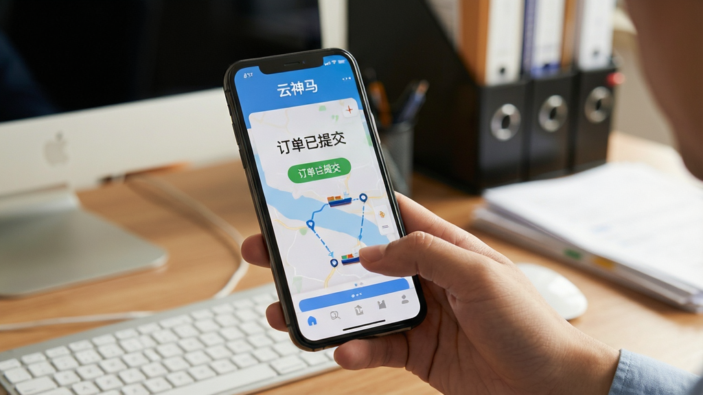 主体:用户手持手机操作云神马App,屏幕显示“订单已提交”与物流轨迹地图。布局:手机特写,背景为办公室场景,有电脑与文件。排版:自然真实,突出操作流畅。风格:生活化写实风,暖色调。细节:屏幕上有“云神马”字样,地图上显示货轮图标。画质:清晰自然,干净,无多余元素