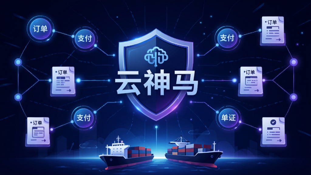 主体:区块链节点与货运文档、货轮图标结合的数字艺术图,中心有“云神马”字样与盾牌图标。布局:信息图风格,节点网络覆盖全画面,下方为货运场景缩影。排版:对称均衡,科技感强。风格:抽象科技风,蓝紫渐变,发光线条。细节:节点间连接光线,文档上显示“订单”“支付”“单证”字样。画质:高分辨率,干净,无多余元素