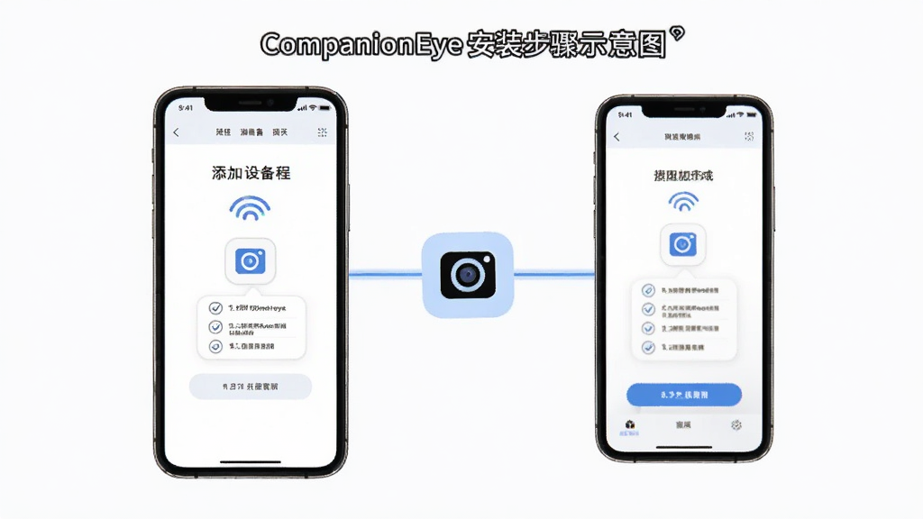 CompanionEye安装步骤示意图,手机屏幕显示添加设备流程,摄像头图标与手机连接动画,步骤清晰,背景简洁,画质干净,无多余元素