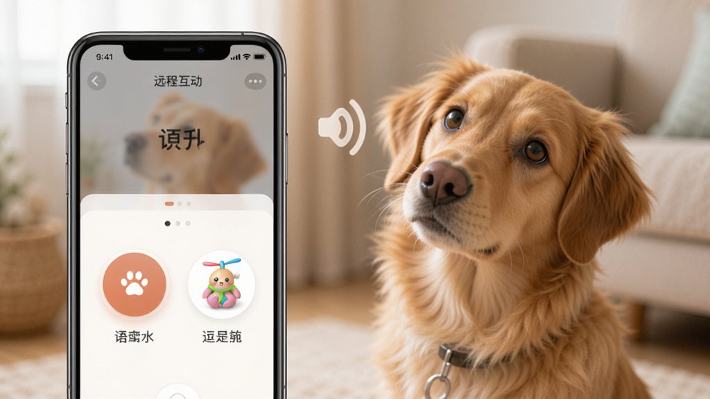 CompanionEye远程互动功能演示,手机界面显示语音对讲按钮和逗宠玩具图标,背景是宠物听到声音后好奇张望的画面,整体温馨有爱,界面设计人性化,画质柔和,干净无多余元素