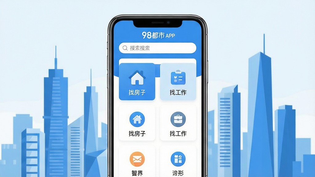 主体:98都市APP界面展示,手机屏幕显示“找房子”“找工作”等分类图标,背景为现代城市建筑轮廓。布局:手机居中,界面清晰,分类图标排列整齐,上方有搜索栏。排版:简洁明了,主次分明。风格:扁平化设计,色彩明快,蓝白主色调。细节:图标精致,文字清晰,界面无冗余元素。画质:高清,干净,无多余元素。