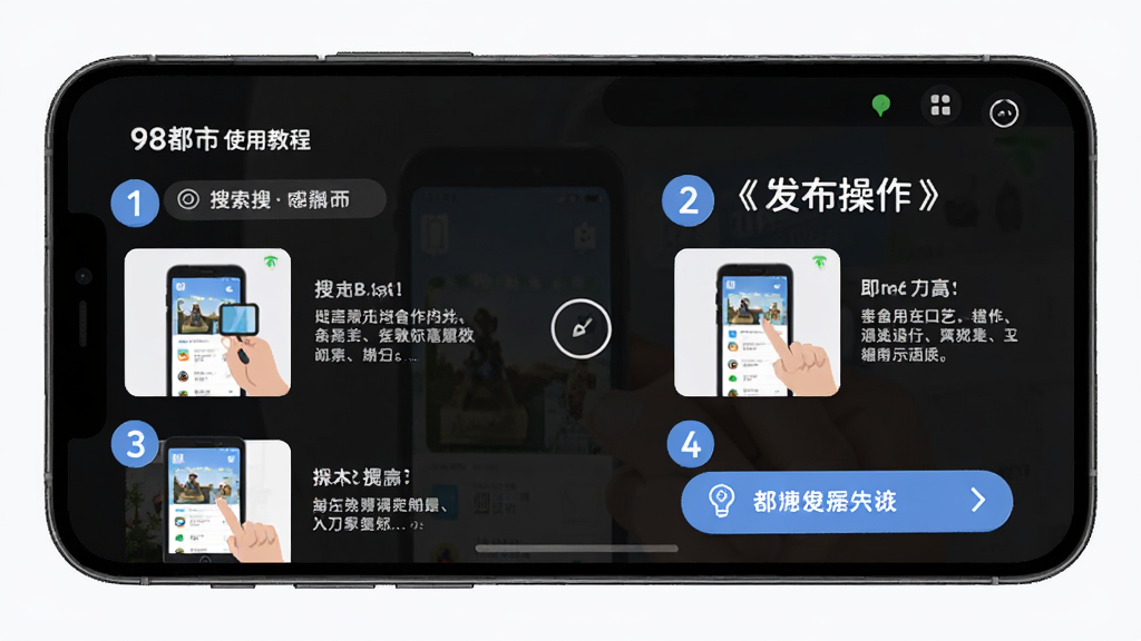 主体:“98都市”使用教程界面,手机屏幕展示搜索和发布操作步骤。布局:步骤用数字序号标注,图文结合。排版:清晰流畅,重点突出。风格:教学风格,简洁友好。细节:每一步都有示意图,文字说明详细。画质:高清,干净,无多余元素。